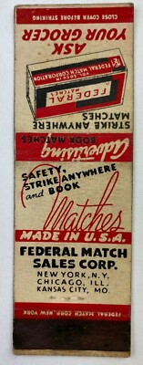 Federal Matches Safty Strike Anywhere And Book MO Vintage Matchbook Cover