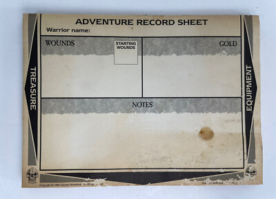Warhammer Quest 1995 Adventure Character Record Sheets (50)