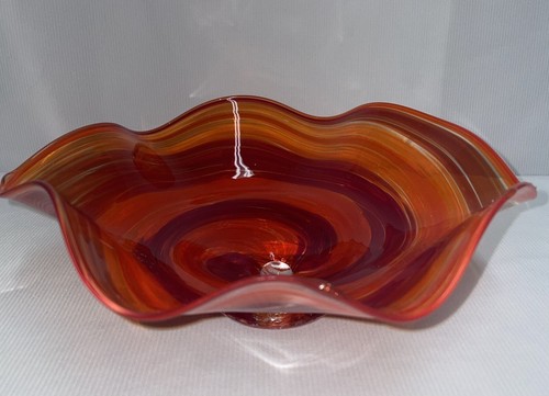 Glass Eye Studios Wavy Edge Red & Orange Swirl Dish 3 1/2 Inches High Bowl - Picture 4 of 11