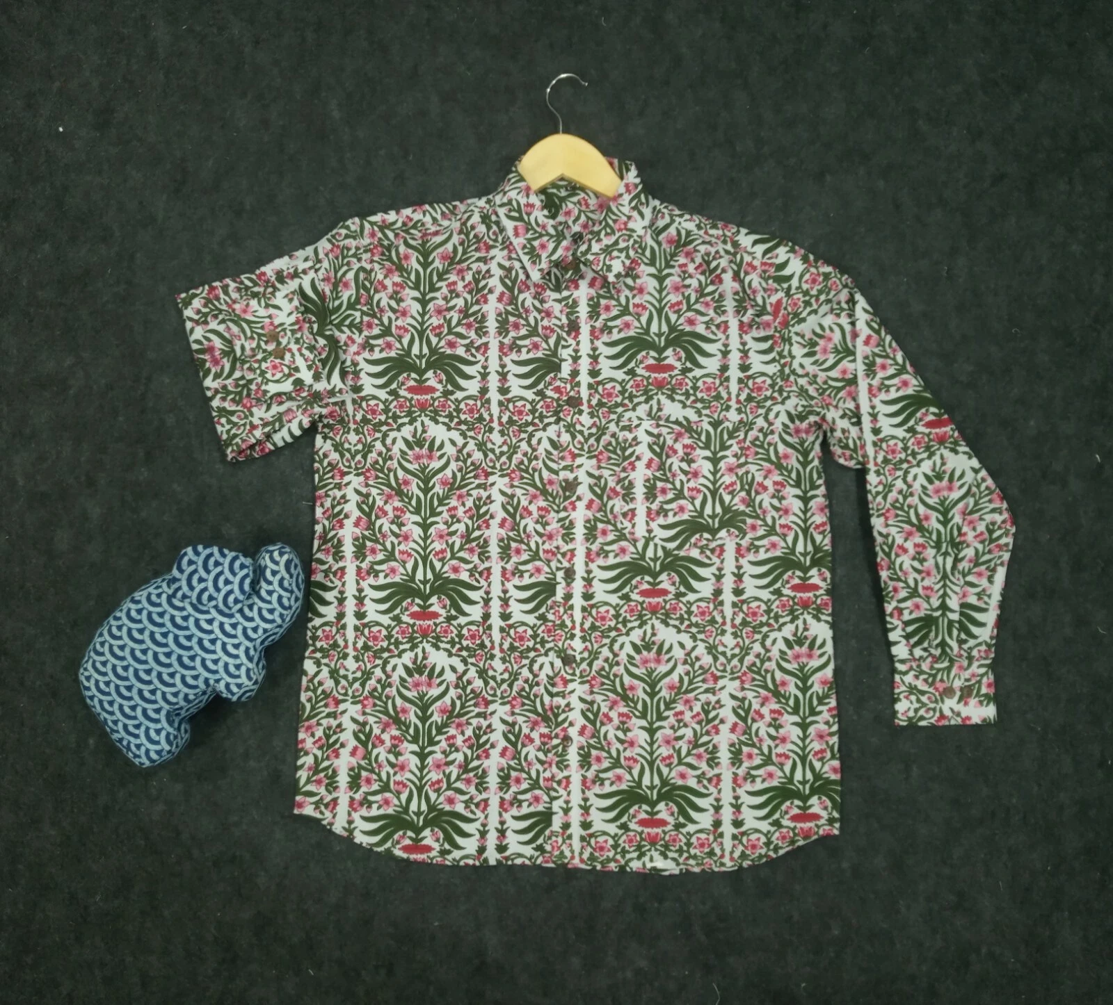 Indian Grey Floral Print Pate Wear Boys Cotton Handblock L Size Floral Shirts AU