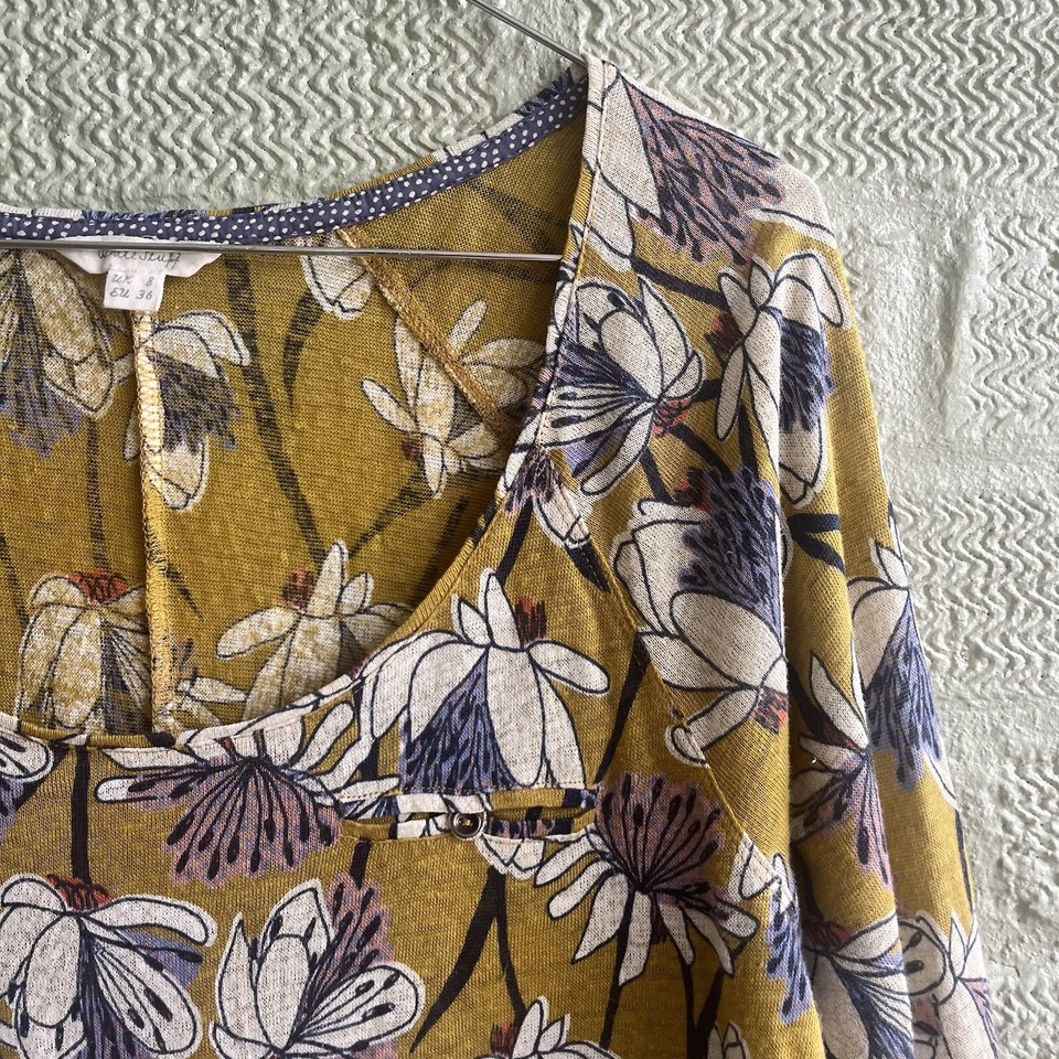White Stuff Floral Top UK 8 Linen Yellow Long Sleeve Scoop Neck Stretch