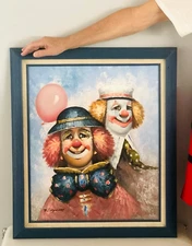Signed William Moninet Original Oil Painting Clowns Vintage LARGE 24" x 20"