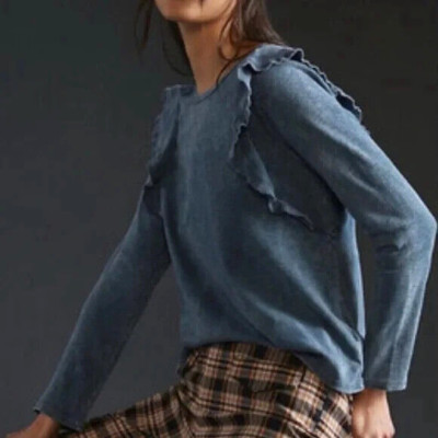 Anthropologie Eri +Ali Women's Large Top Blue Mineral Washed Ruffle Long Sleeve