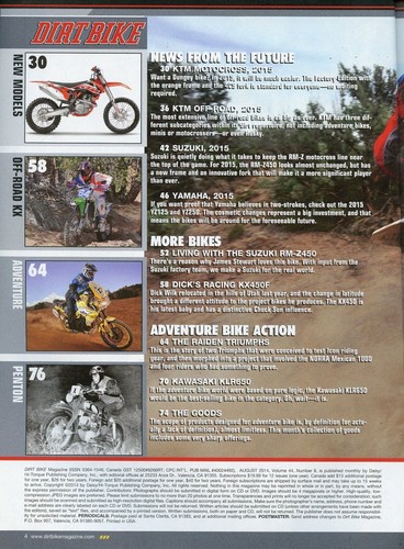 Dirt Bike Magazine August 2014 First Look: 2015 KTMs, SUZUKIs & YZs - Picture 2 of 3