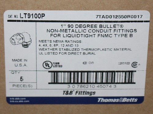 (5) Thomas & Betts Bullet 90° Connector LT9100P, 1" NPT Fitting, Liquid Tight - Picture 5 of 5