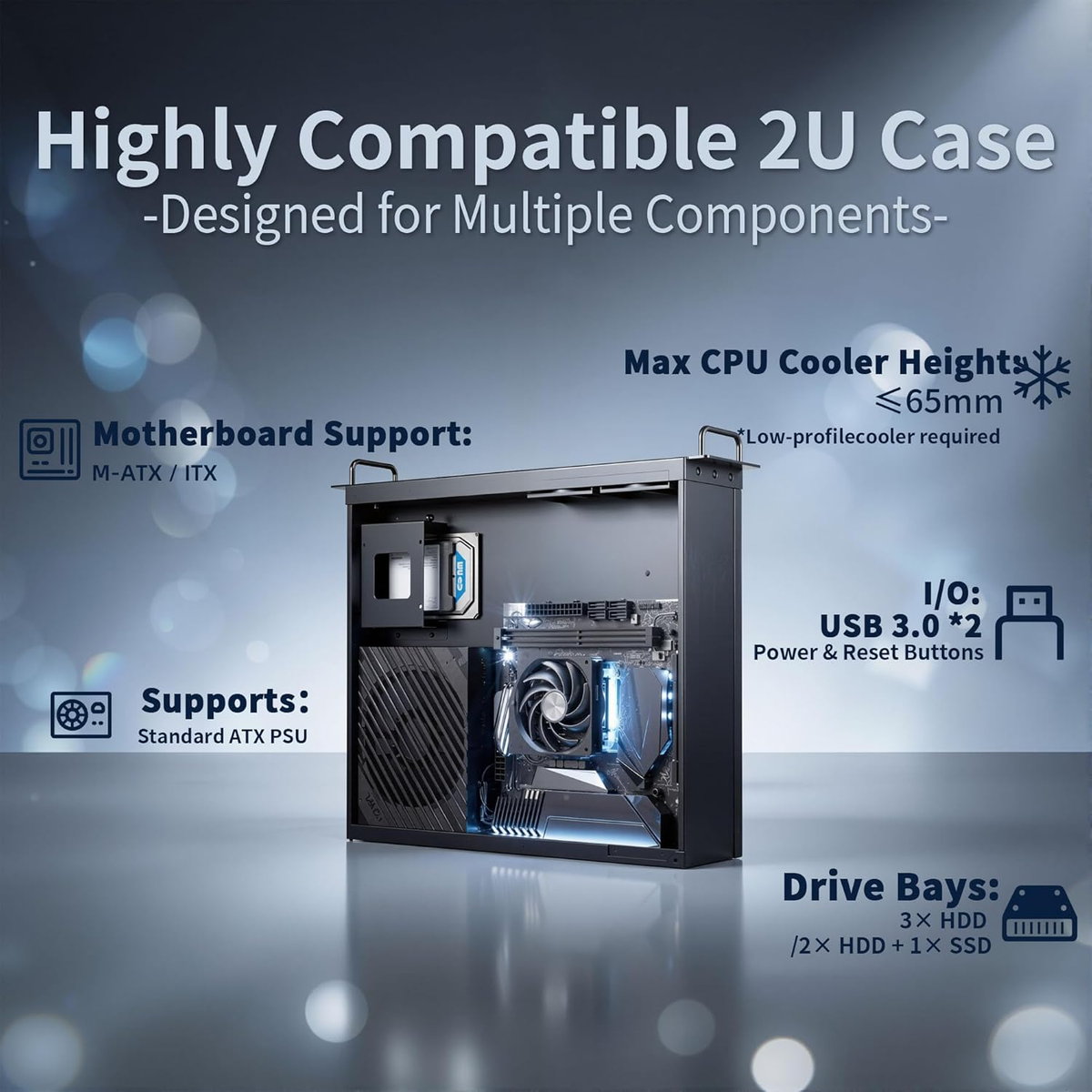 2U Rackmount Micro-ATX Server Case - Supports HDD/SSD, ATX PSU