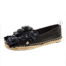 Tory Burch Black Leather Blossom Floral Applique Espadrilles Slip-on S-144 Sz 7