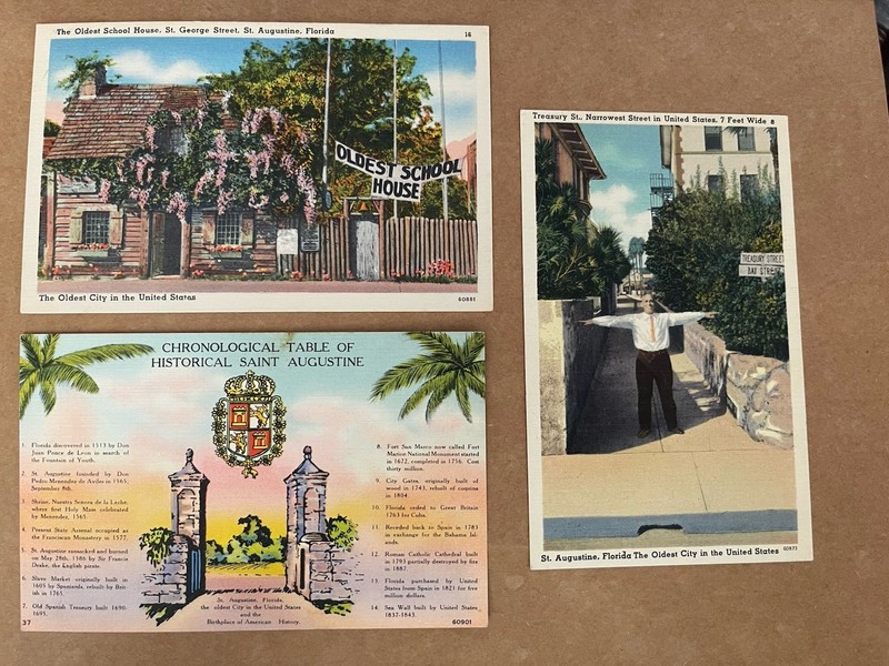 Linen Postcards St. Augustine, FL~Oldest Schoolhouse In U.S.•Treasury St. & More