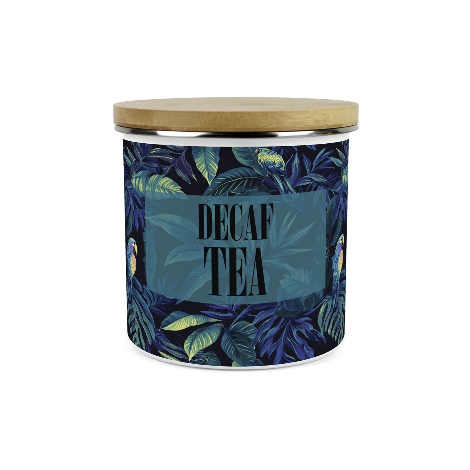 Tropical Parrots Decaf Tea Canister - 1.2L Enamel Kitchen Storage Jar Gift