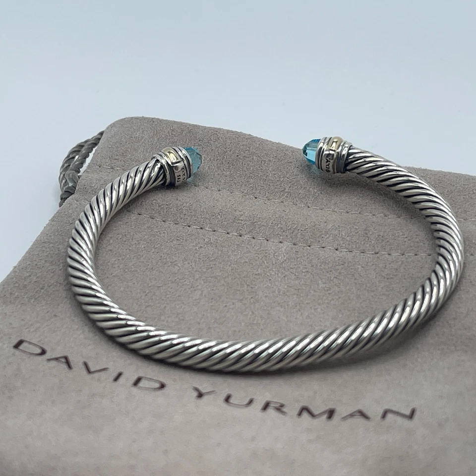 David Yurman cabo 5 mm prata esterlina topázio azul e pulseira de ouro amarelo 14K - Imagem 2 de 4
