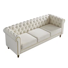 3 Seater Chesterfield Sofa Button Tufted Velvet Couch with Rolled Arm Metal Legs