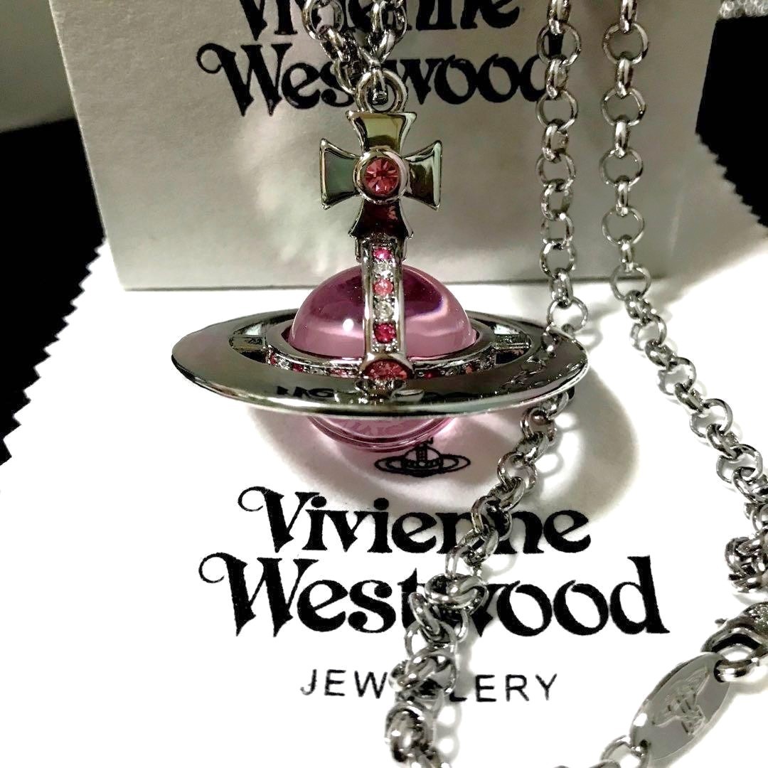 Vivienne Westwood Necklace Small Orb Silver Pink IN BOX Chain 80cm