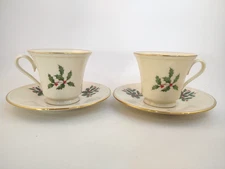 Set of 2 Lenox Holly Holiday Cups and Saucers - Made in USA