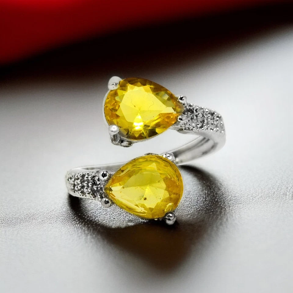 Серебряный и желтый CZ американский бриллиант двойной камень кольцо (регулируемый) (коктейль)  - Изображение 2 из 4