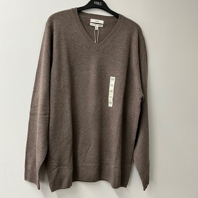 Mens Pure Fine Lambs Wool Neutral V-Neck Jumper Size 2XL Marks & Spencer