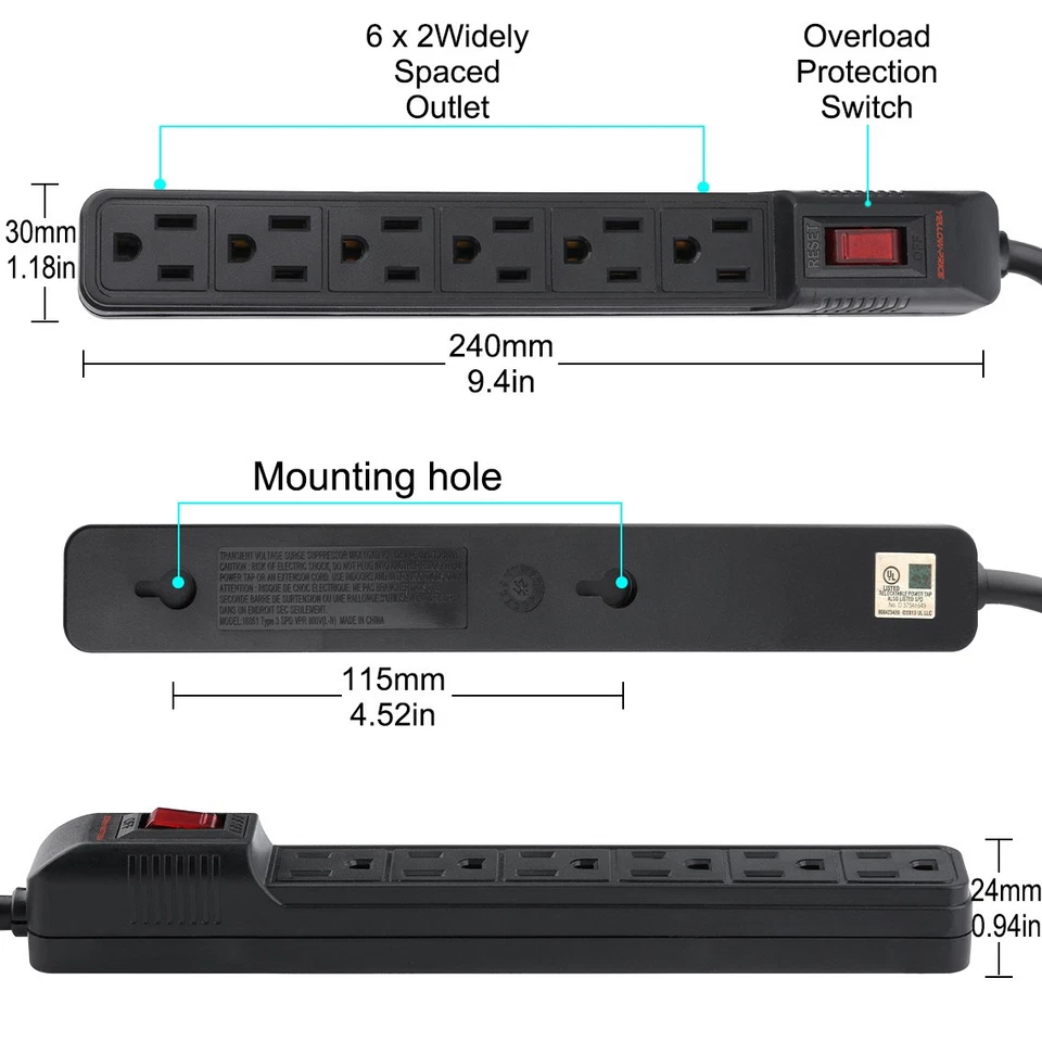 Surge Protector Power Board 6 Way US Port Built ON/OFF Switch Power Strip 4-Pack - Image 4 of 4