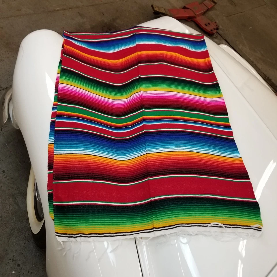 Red Authentic Mexican Track Day Blanket Hot Rod Interior Seat Cover Picnic Car - Image 3 of 4