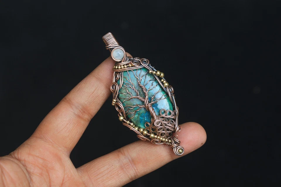 Colgante de crisocola de árbol envoltura de alambre de cobre piedras preciosas joyería regalo para madre NK624 Foto 4 de 4