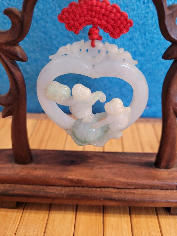 Antiq 2" Tallado Blanco Verde Jade Corazón 2 Monos 6" Palisandro 2 Dragones Soporte.OBO Foto 2 de 4