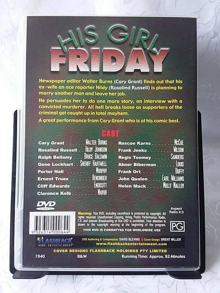 His Girl Friday DVD 1940 Region 4 - image 2 of 2