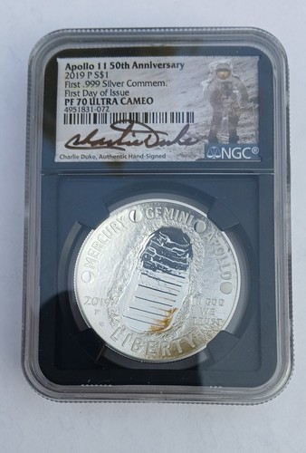 2019 P $1 Silver Apollo 11 50th Ann. NGC MS70 FDOI Charlie Duke Signed Ultra Cam - 第 1/6 張圖片