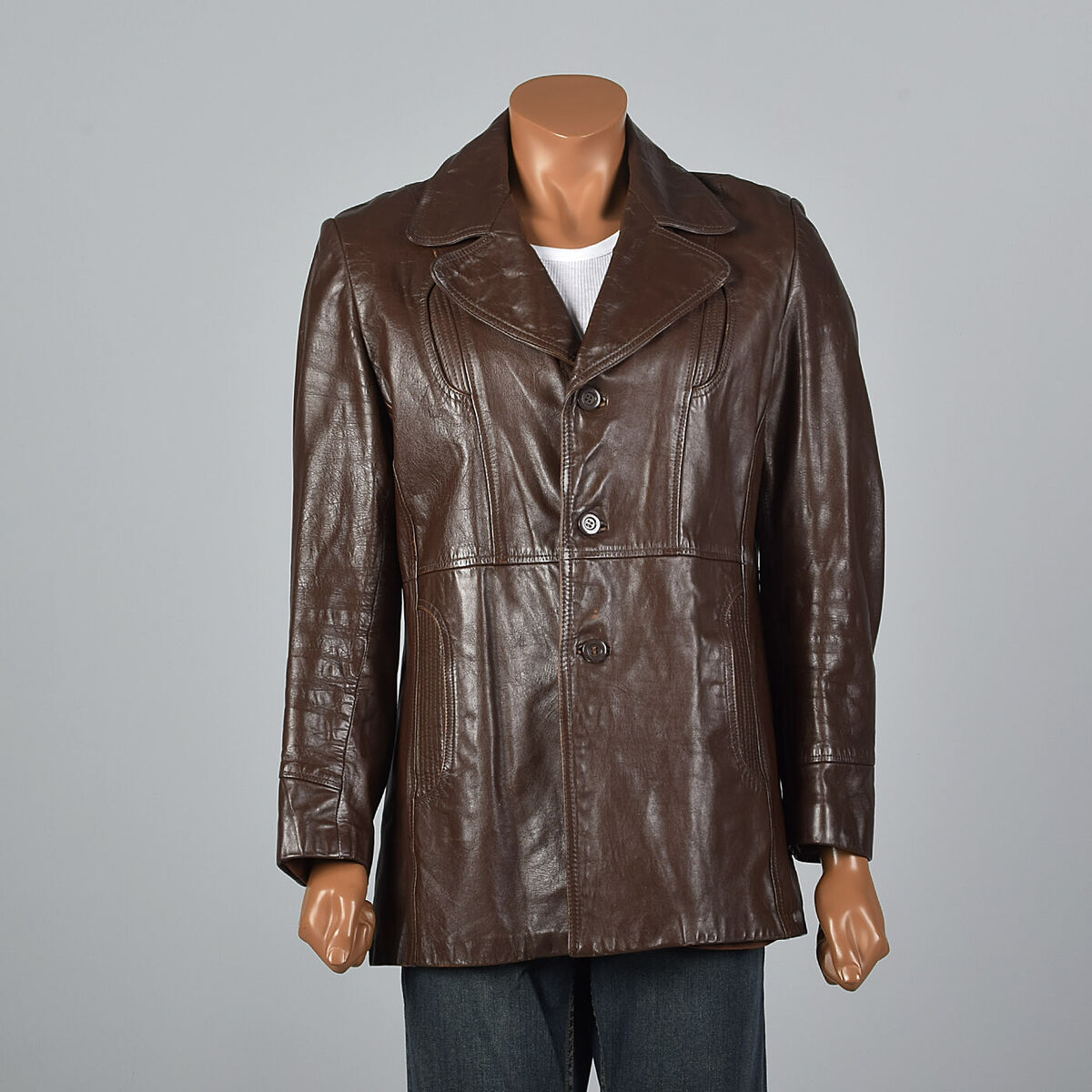 39R 1970s Mens Brown Leather Jacket Partial Plush Liner Belt 39R 1970s Mens Brown Leather Jacket Partial Plush Liner Belt