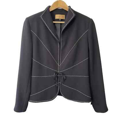 BERGAMO Blazer Jacket Women s Size 8 Snap and Tie front Black with White Trim