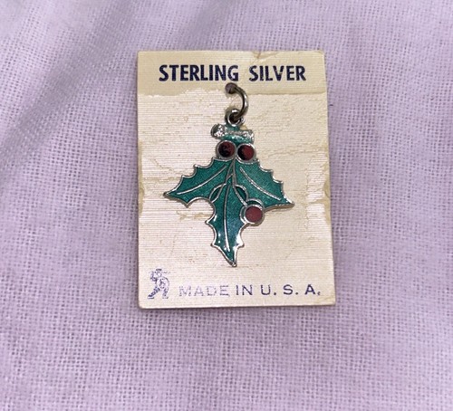 Holly Leaves & Berries Vintage Sterling Silver & Enamel Charm Pendant - Picture 2 of 4
