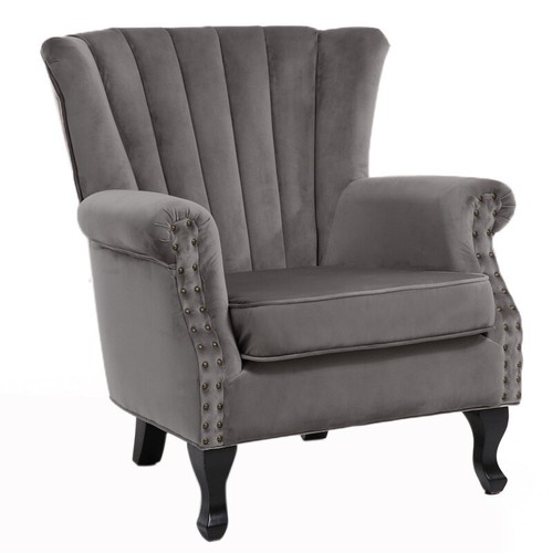 Grey Wing Back Fireside Check Velvet Fabric Armchair Sofa Lounge Cinema Chair - Picture 6 of 8