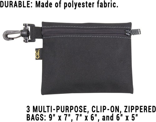 Multi-Purpose Clip-on Zippered Poly Bags, 3 Pack, 9" x 7", 7" x 6", and 6" x 5" - Picture 6 of 6
