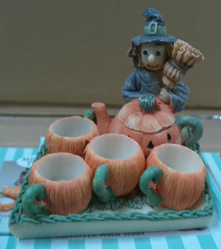Mini Halloween Tea Set with Witch and Pumpkins | 3” Decorative Collectible