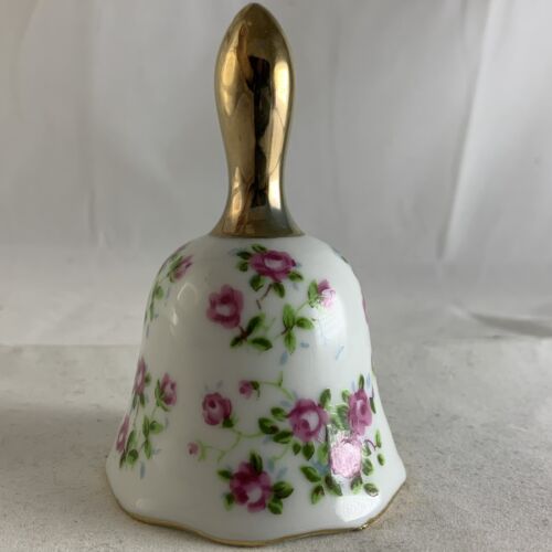 Vintage Enesco Bell with Pink Roses & Gold Accents Japan Ceramic - Picture 3 of 7
