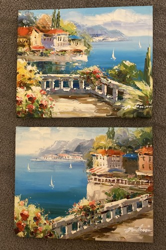 Dipinto olio vista baia mare italiano stile Rossini firmato 8” x 10” coppia di 2 - Foto 2 di 12