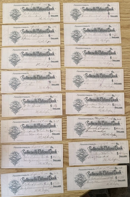 1896 Sellersville Pa, National Bank, (16) Checks, Bucks County