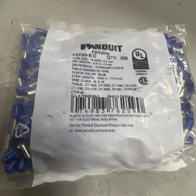 Panduit FSD80-8-D Polypropylene Insulated Ferrules, 14 AWG, .31-Inch 500 Pc