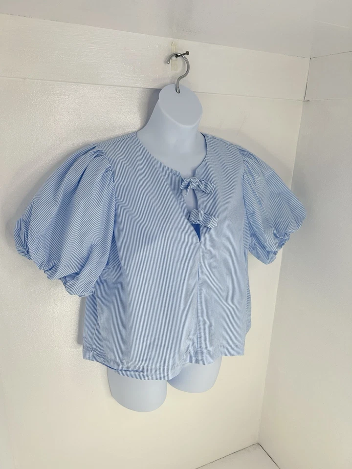 Blusa Top Kate Spade New York X Target Talla XL Azul Blanco Manga Abullonada Popelina Foto 3 de 4