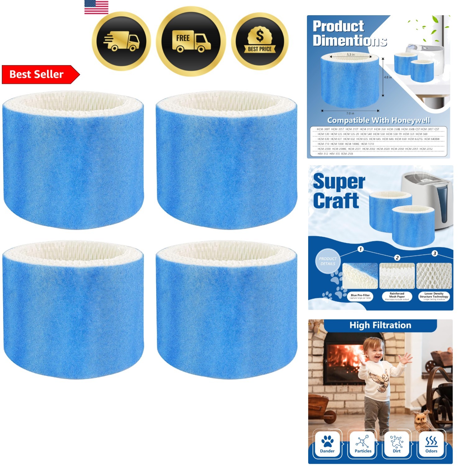 Filters Replacement For Honeywell Hcm-350 500 4 Pack Blue