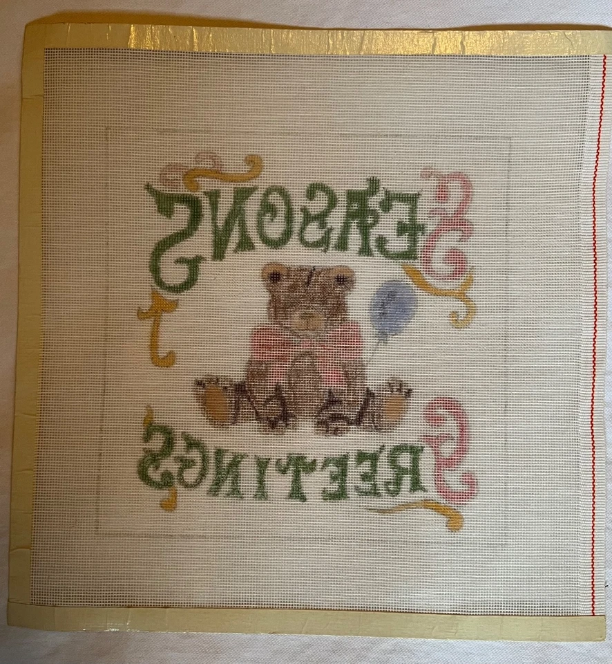 Season’s Greetings hand painted Christmas Bear Needlepoint Canvas, VTG, new - Image 3 of 3