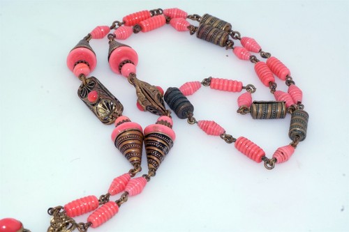 Art Deco Coral Czech Glass Bead Brass Pendant Tassel Necklace - Picture 4 of 7