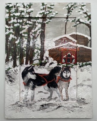 Blue Eyed Huskies In Snow Textured Acrylic Painting on A Wooden Frame 9.5  by 7 