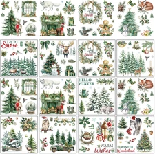 Christmas Rub on Transfers for Crafts - 12 Pcs Vintage Christmas Watercolor Rub