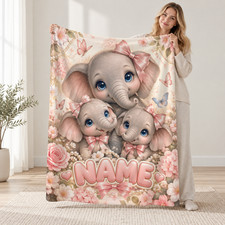 Personalized Floral Baby Elephant Trio Coral Fleece Blanket