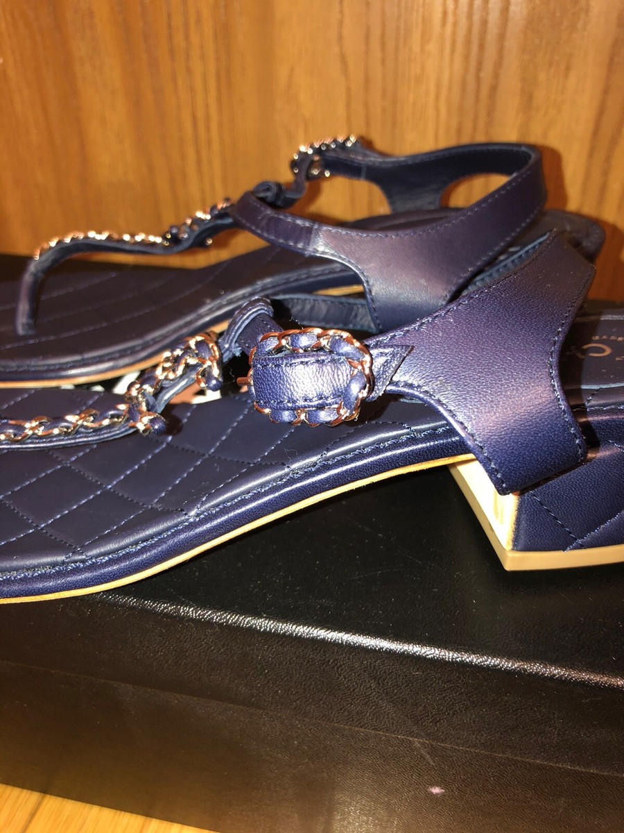 AUTHENTIC CHANEL THONGS SANDALS SHOES QUILTED NAVY LEATHER