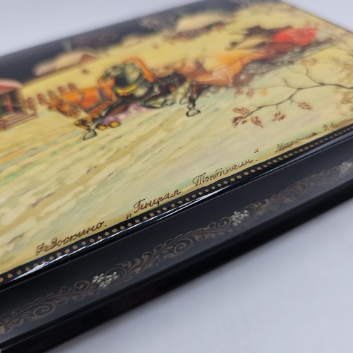 Vintage Russian Black Laquer Jewelry Trinket Box Horses Sleigh Bear Snow 6 x 4 - Picture 4 of 24