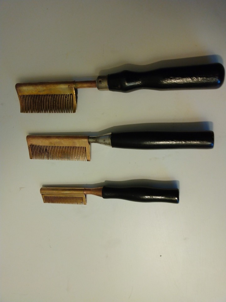 Vintage Brass Hair Straightener Pressing Hot Comb Wood Handle Antique