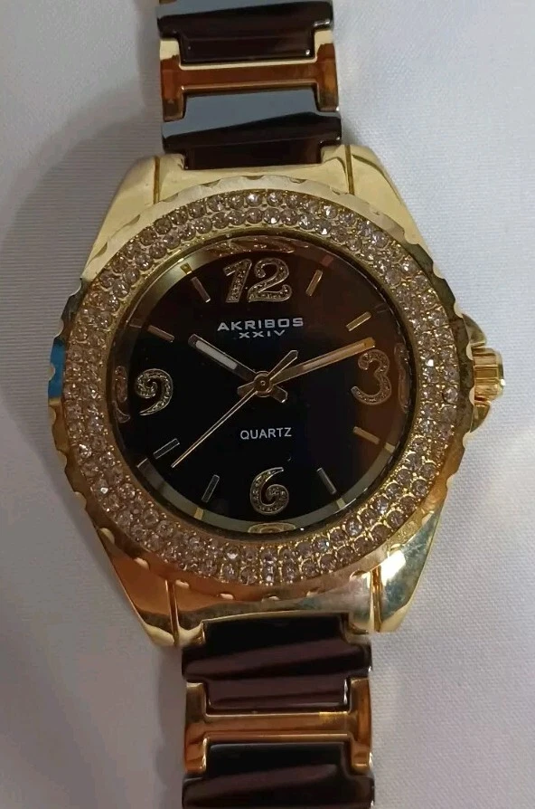 Akribos XXIV Women’s Watch Model AK514YG 7.5 Inch Black, Gold And Bling! - Image 3 of 4