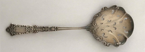 R Blackinton & Co Bliss BLS5 Sterling Flower Tip Scroll Edge Flat Serving Spoon