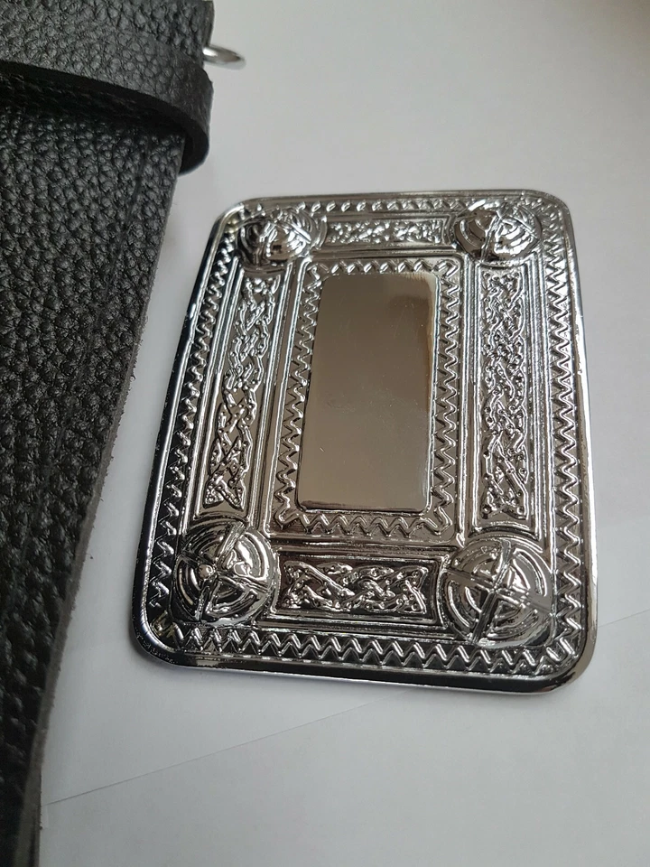 Black Leather Scottish Kilt Belt |  Highland Wear Chrome Buckle  Celtic leaves - Image 4 of 4