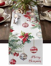 Watercolor Christmas Poinsettia Flower Table Runner 13x72inch Winter Ball Wat...