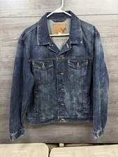 American Eagle Denim Trucker Jacket Button Up Men XL Blue Distressed 